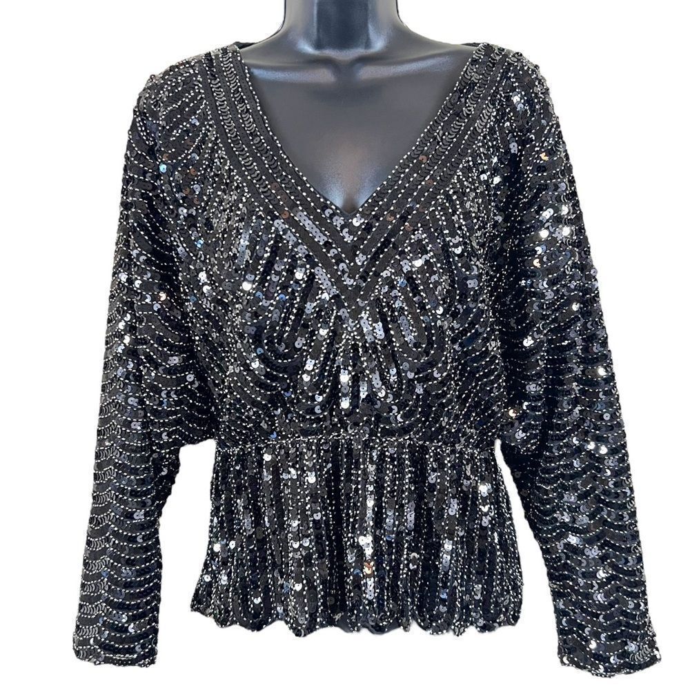 Black Sequin Embellished Peplum Blouse - Beulah Style
